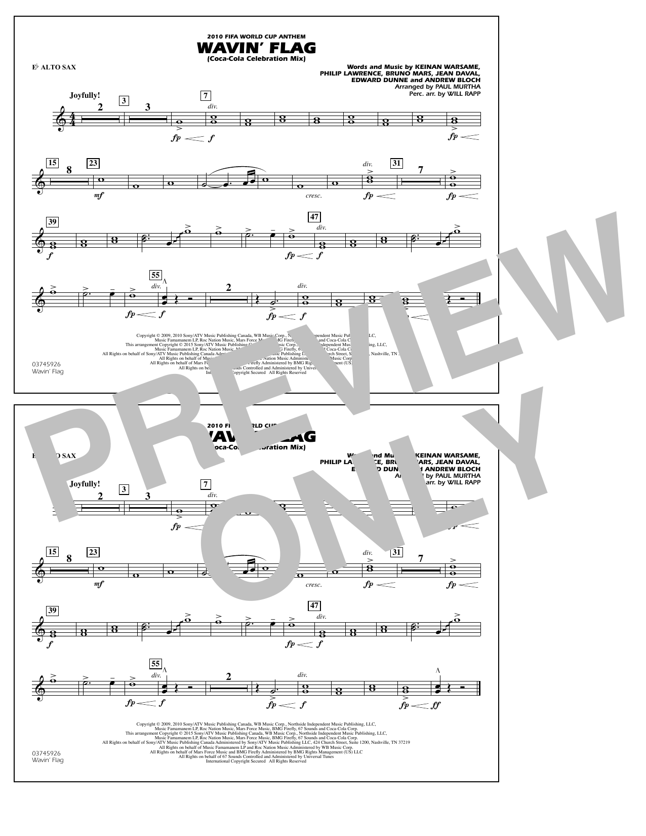 Download Paul Murtha Wavin' Flag - Eb Alto Sax Sheet Music and learn how to play Marching Band PDF digital score in minutes