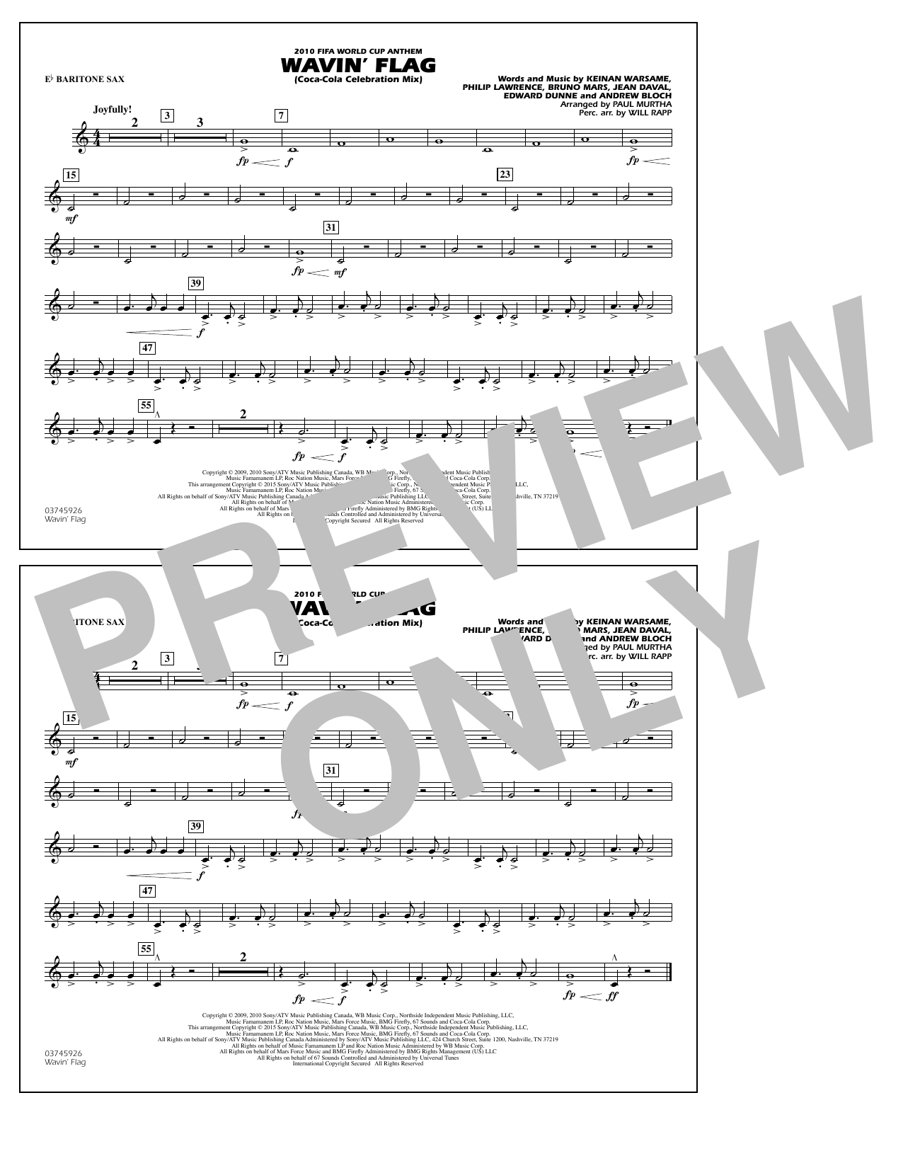 Download Paul Murtha Wavin' Flag - Eb Baritone Sax Sheet Music and learn how to play Marching Band PDF digital score in minutes