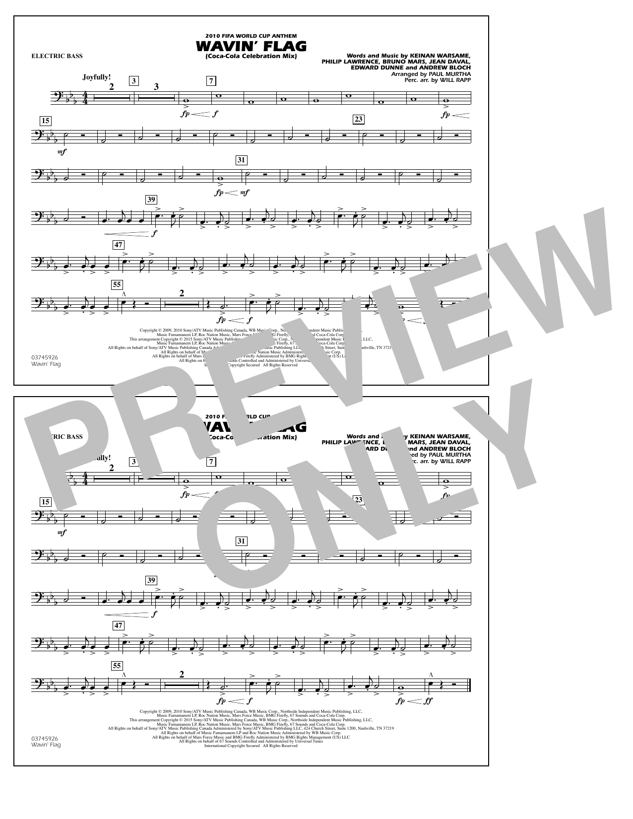 Download Paul Murtha Wavin' Flag - Electric Bass Sheet Music and learn how to play Marching Band PDF digital score in minutes