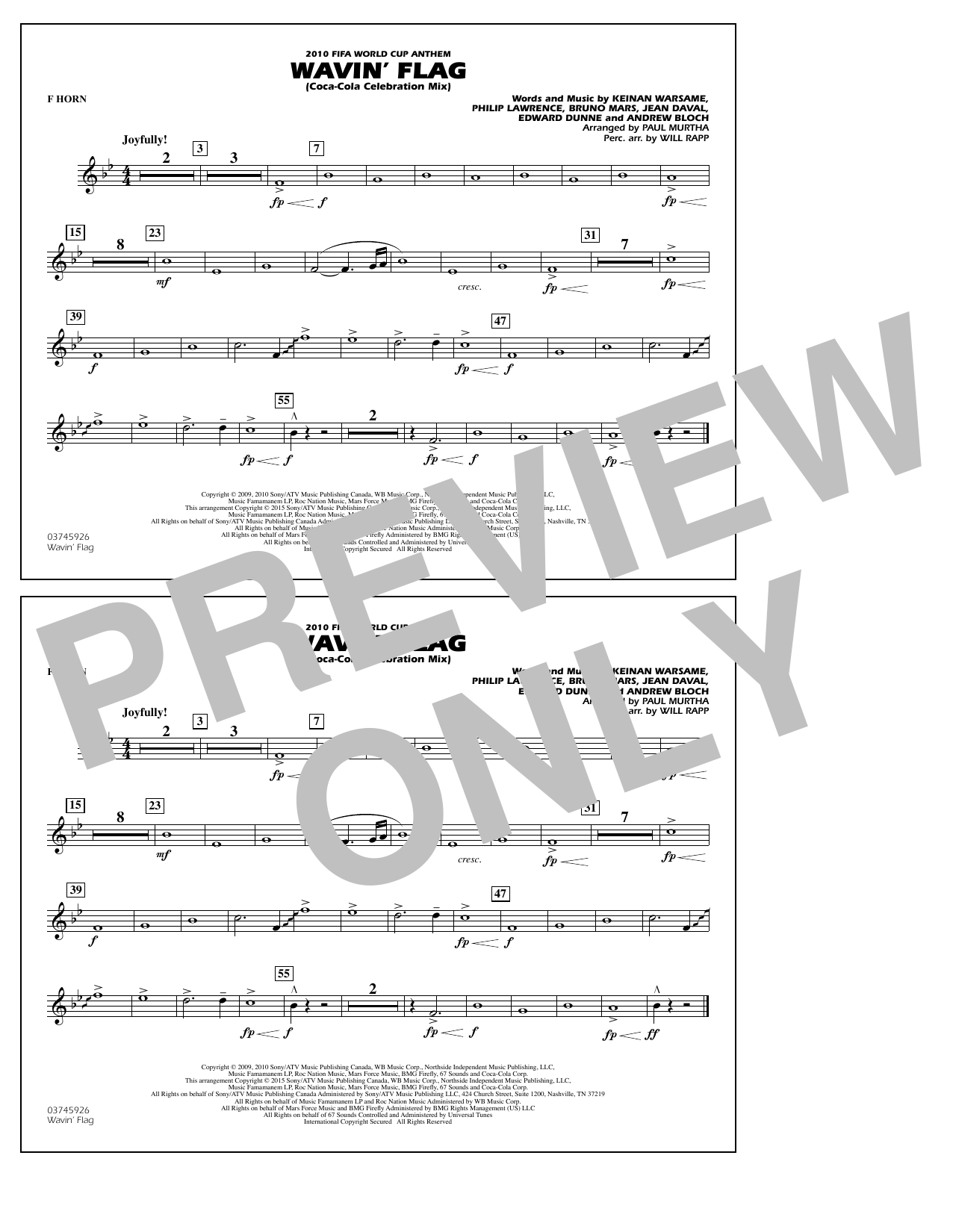 Download Paul Murtha Wavin' Flag - F Horn Sheet Music and learn how to play Marching Band PDF digital score in minutes