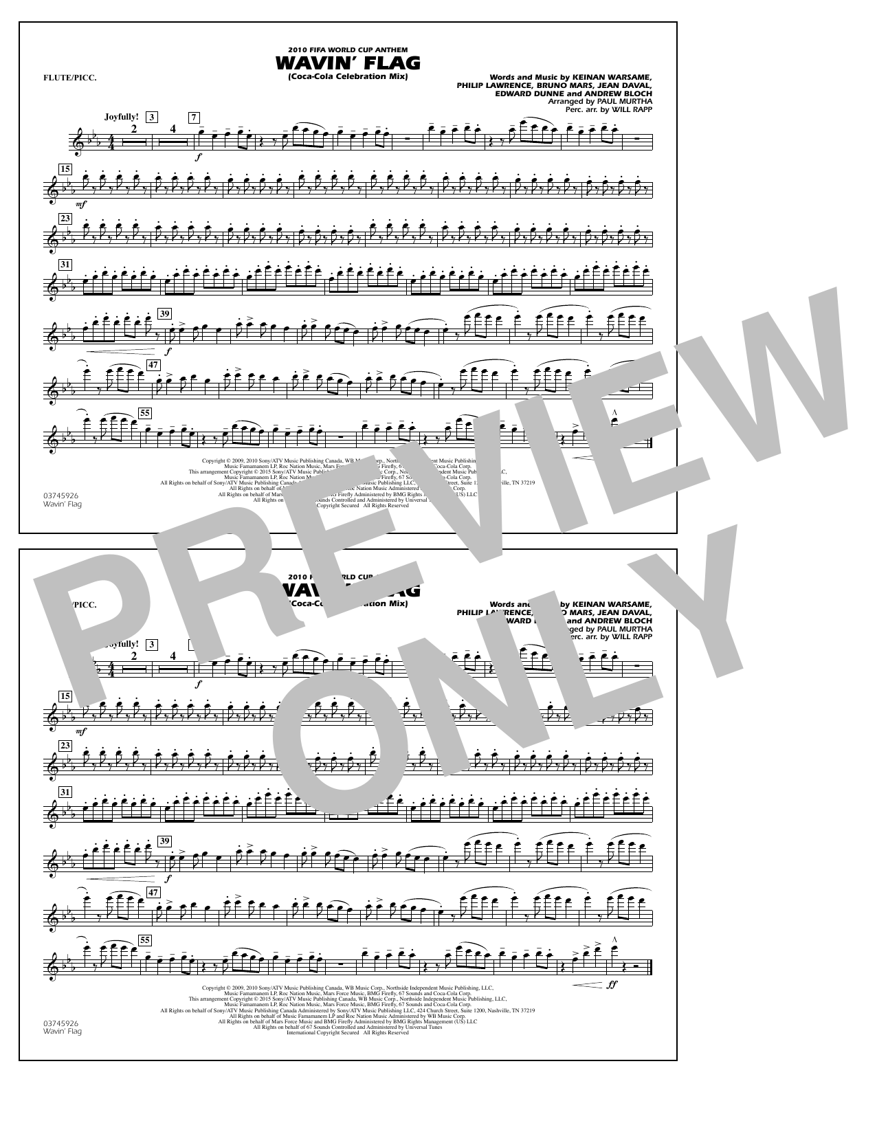 Download Paul Murtha Wavin' Flag - Flute/Piccolo Sheet Music and learn how to play Marching Band PDF digital score in minutes