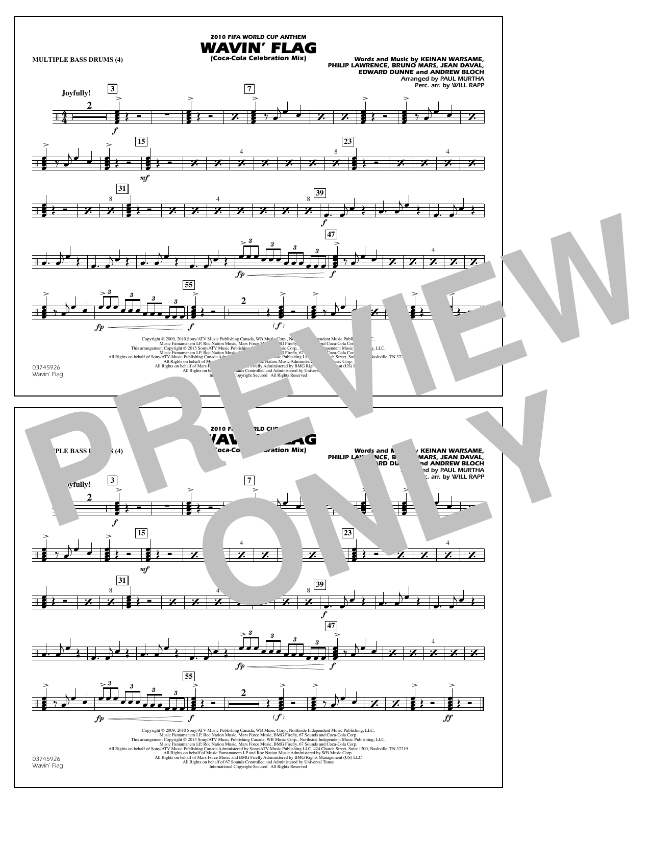 Download Paul Murtha Wavin' Flag - Multiple Bass Drums Sheet Music and learn how to play Marching Band PDF digital score in minutes