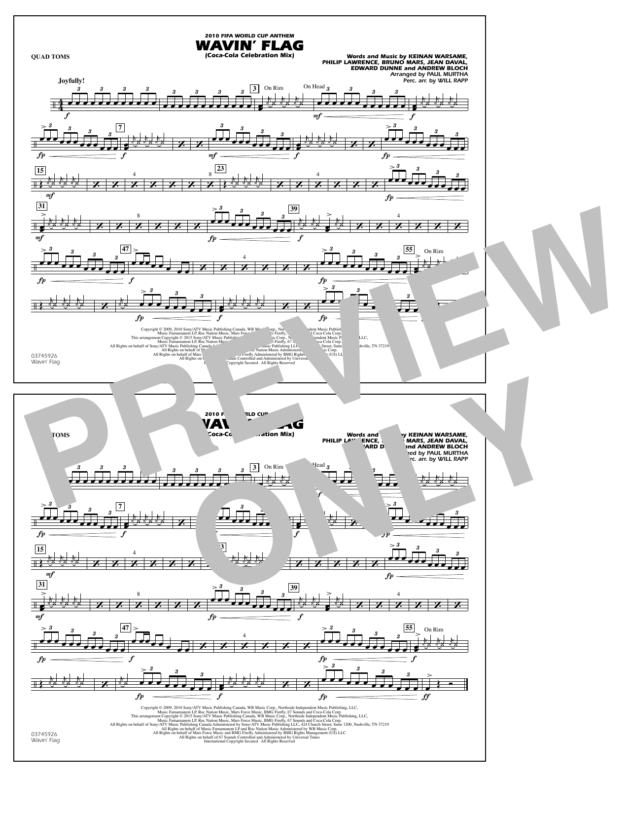 Download Paul Murtha Wavin' Flag - Quad Toms Sheet Music and learn how to play Marching Band PDF digital score in minutes