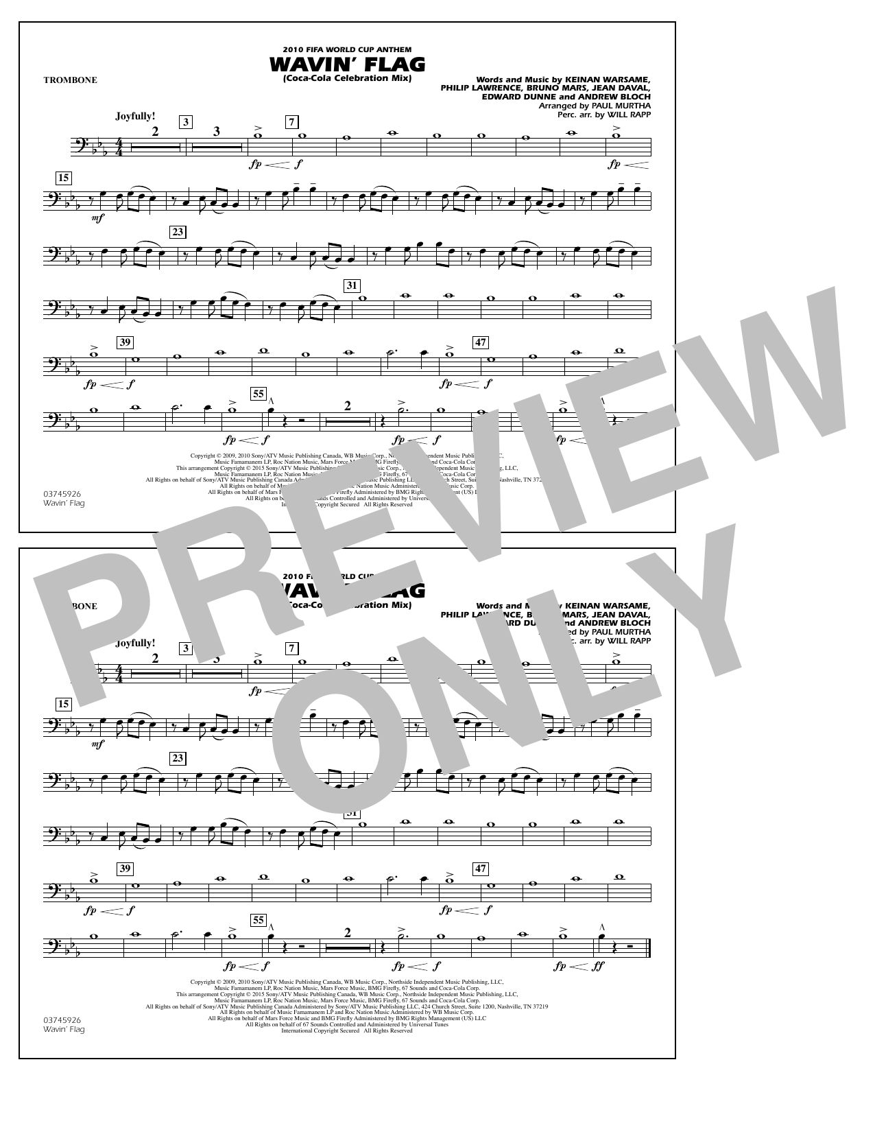 Download Paul Murtha Wavin' Flag - Trombone Sheet Music and learn how to play Marching Band PDF digital score in minutes
