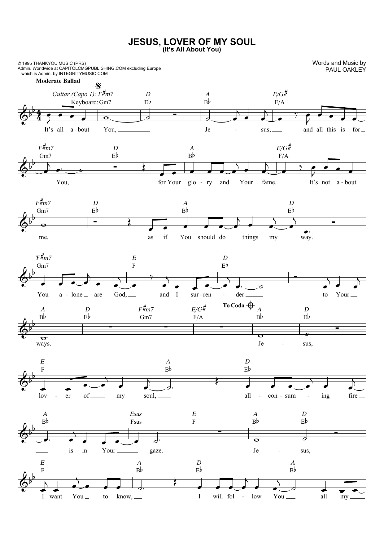 Download Paul Oakley Jesus, Lover Of My Soul (It's All About You) Sheet Music and learn how to play Melody Line, Lyrics & Chords PDF digital score in minutes