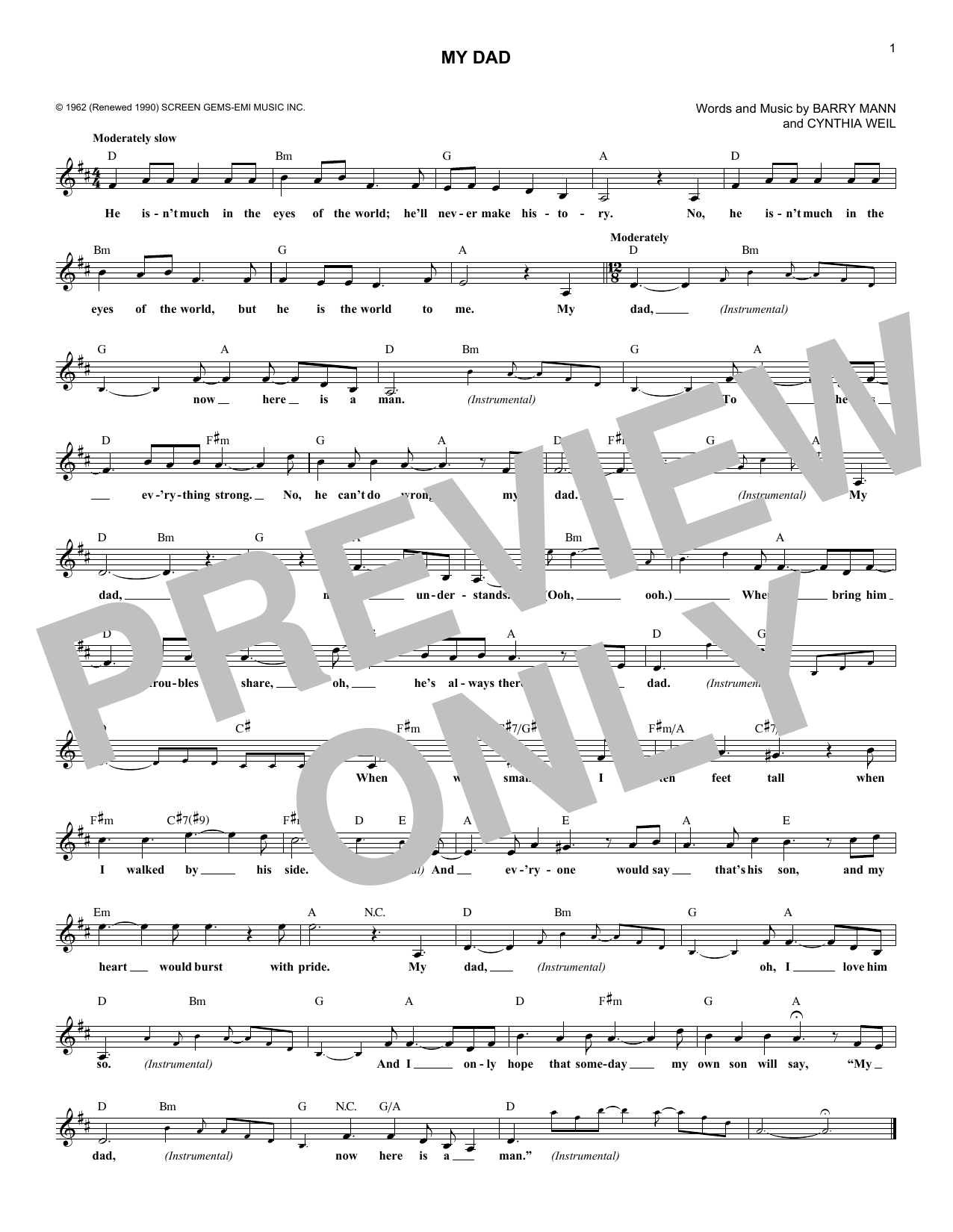 Download Paul Petersen My Dad Sheet Music and learn how to play Melody Line, Lyrics & Chords PDF digital score in minutes