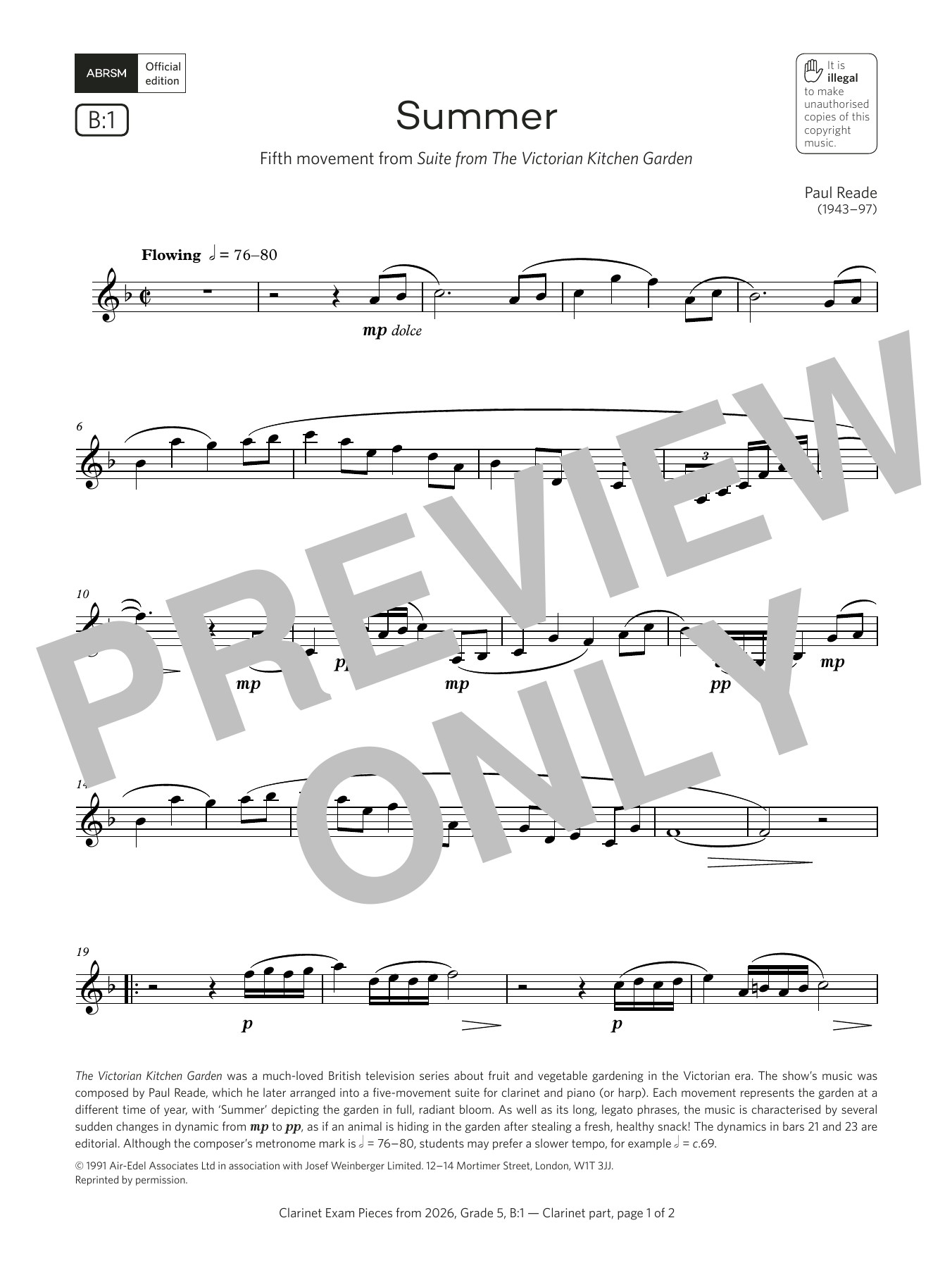 Download Paul Reade Summer (Grade 5, list B1, from the ABRSM Clarinet Syllabus from 2026) Sheet Music and learn how to play Clarinet Solo PDF digital score in minutes