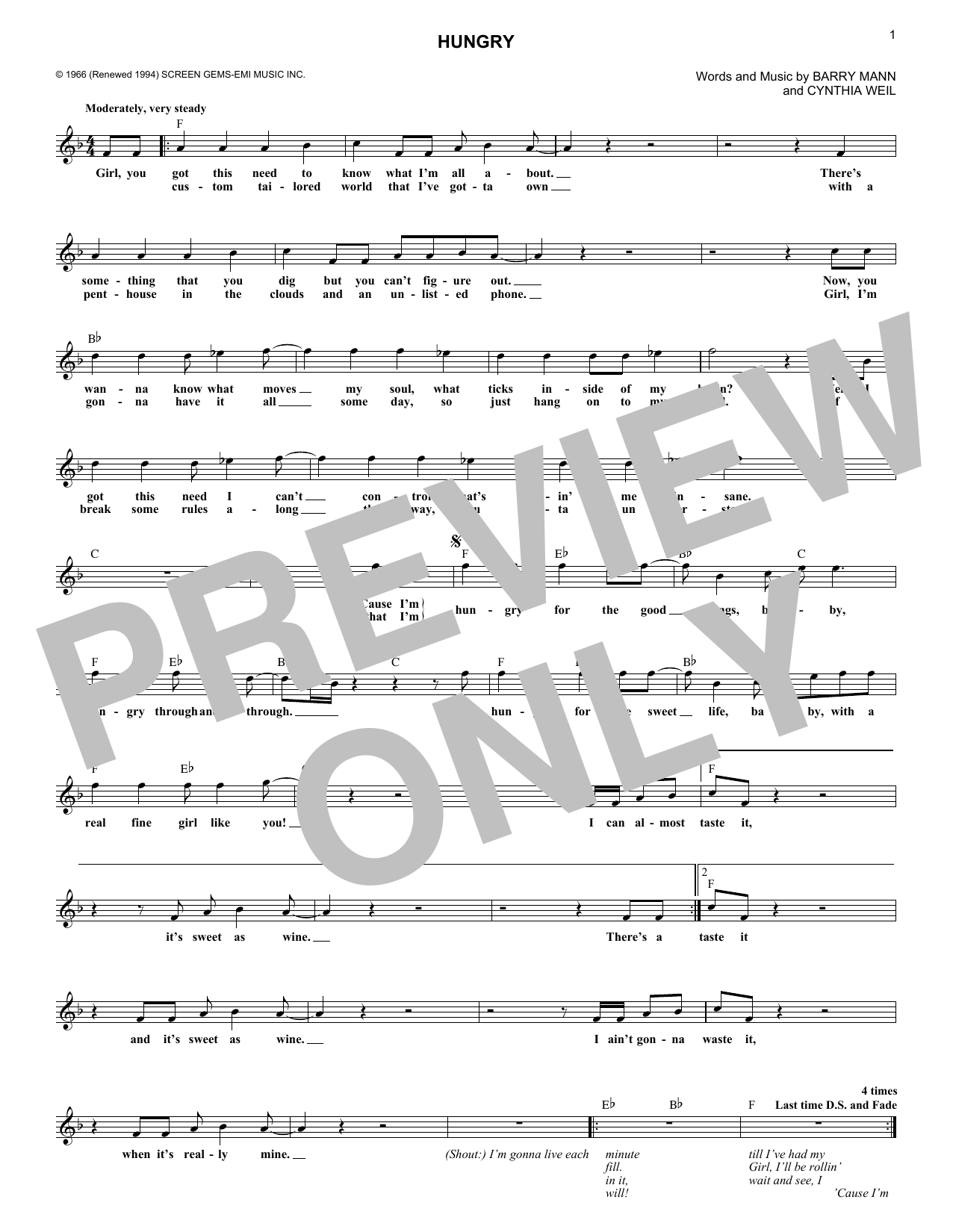 Download Paul Revere & The Raiders Hungry Sheet Music and learn how to play Piano, Vocal & Guitar Chords (Right-Hand Melody) PDF digital score in minutes