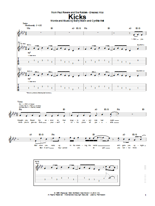 Download Paul Revere & The Raiders Kicks Sheet Music and learn how to play Guitar Tab PDF digital score in minutes