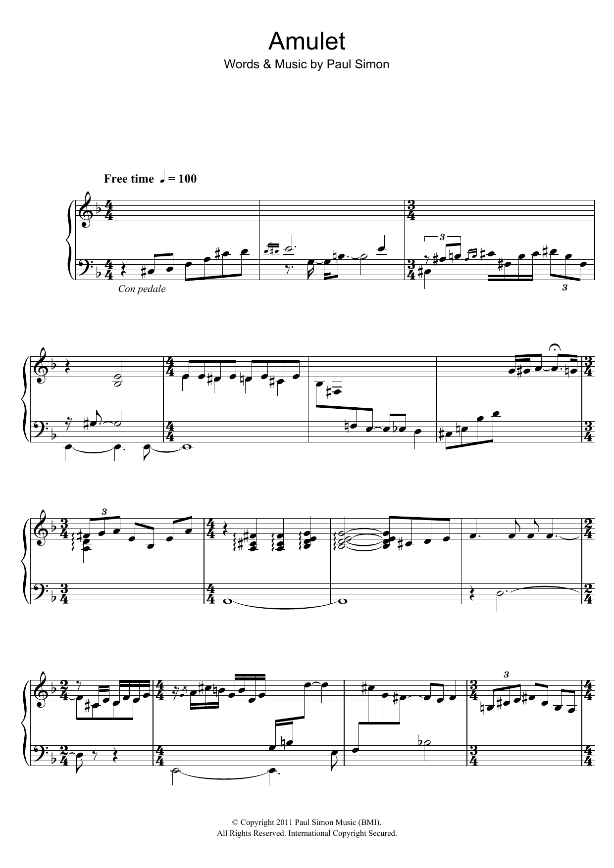 Download Paul Simon Amulet Sheet Music and learn how to play Piano PDF digital score in minutes