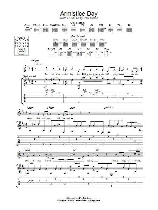 Download Paul Simon Armistice Day Sheet Music and learn how to play Piano, Vocal & Guitar (Right-Hand Melody) PDF digital score in minutes