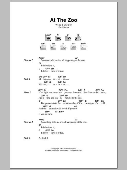 Download Simon & Garfunkel At The Zoo Sheet Music and learn how to play Lyrics & Chords PDF digital score in minutes