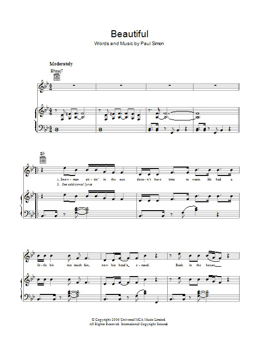 Download Paul Simon Beautiful Sheet Music and learn how to play Piano, Vocal & Guitar (Right-Hand Melody) PDF digital score in minutes