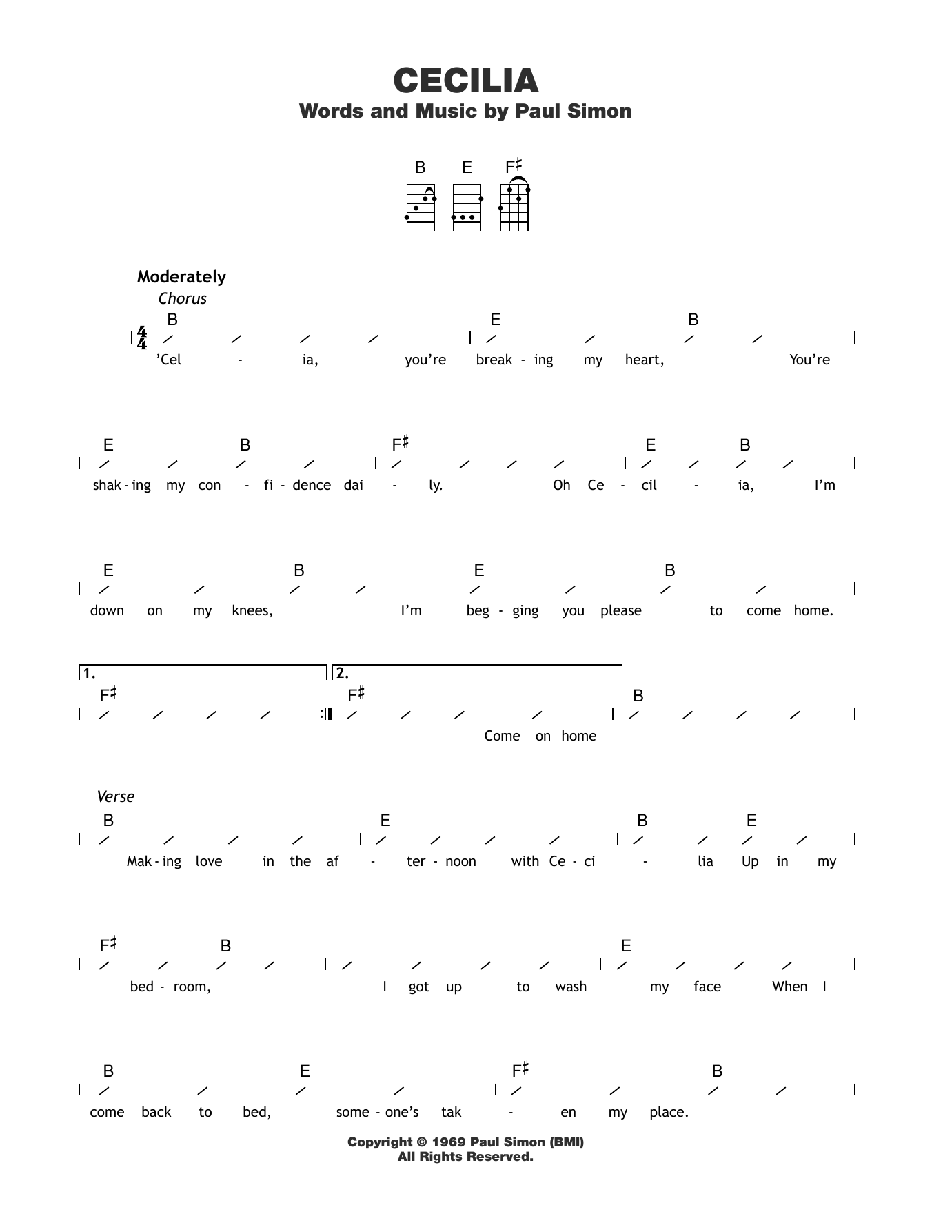 Download Paul Simon Cecilia Sheet Music and learn how to play Ukulele with strumming patterns PDF digital score in minutes