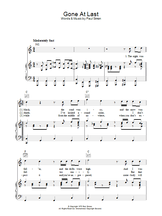 Download Paul Simon Gone At Last Sheet Music and learn how to play Piano, Vocal & Guitar (Right-Hand Melody) PDF digital score in minutes