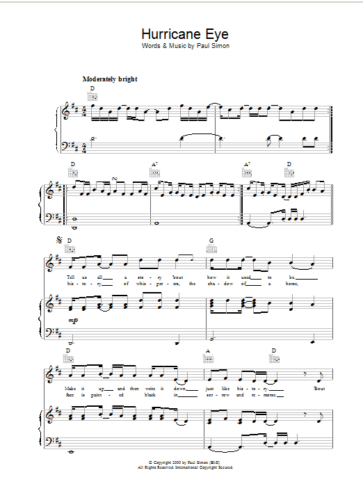 Download Paul Simon Hurricane Eye Sheet Music and learn how to play Piano, Vocal & Guitar (Right-Hand Melody) PDF digital score in minutes