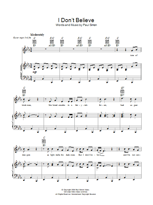 Download Paul Simon I Don't Believe Sheet Music and learn how to play Piano, Vocal & Guitar (Right-Hand Melody) PDF digital score in minutes