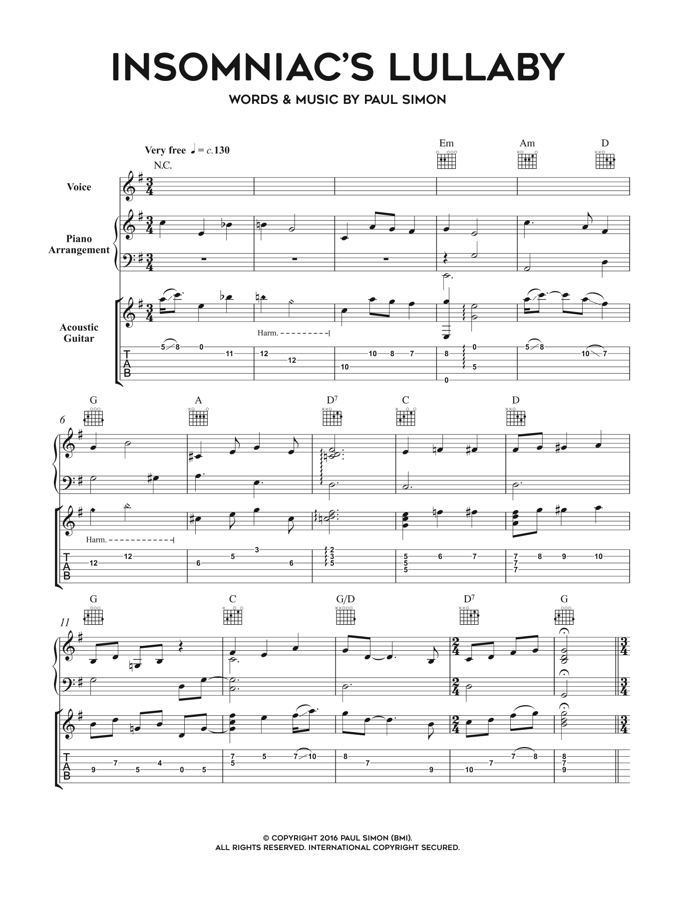 Download Paul Simon Insomniac's Lullaby Sheet Music and learn how to play Piano, Vocal & Guitar Tab PDF digital score in minutes