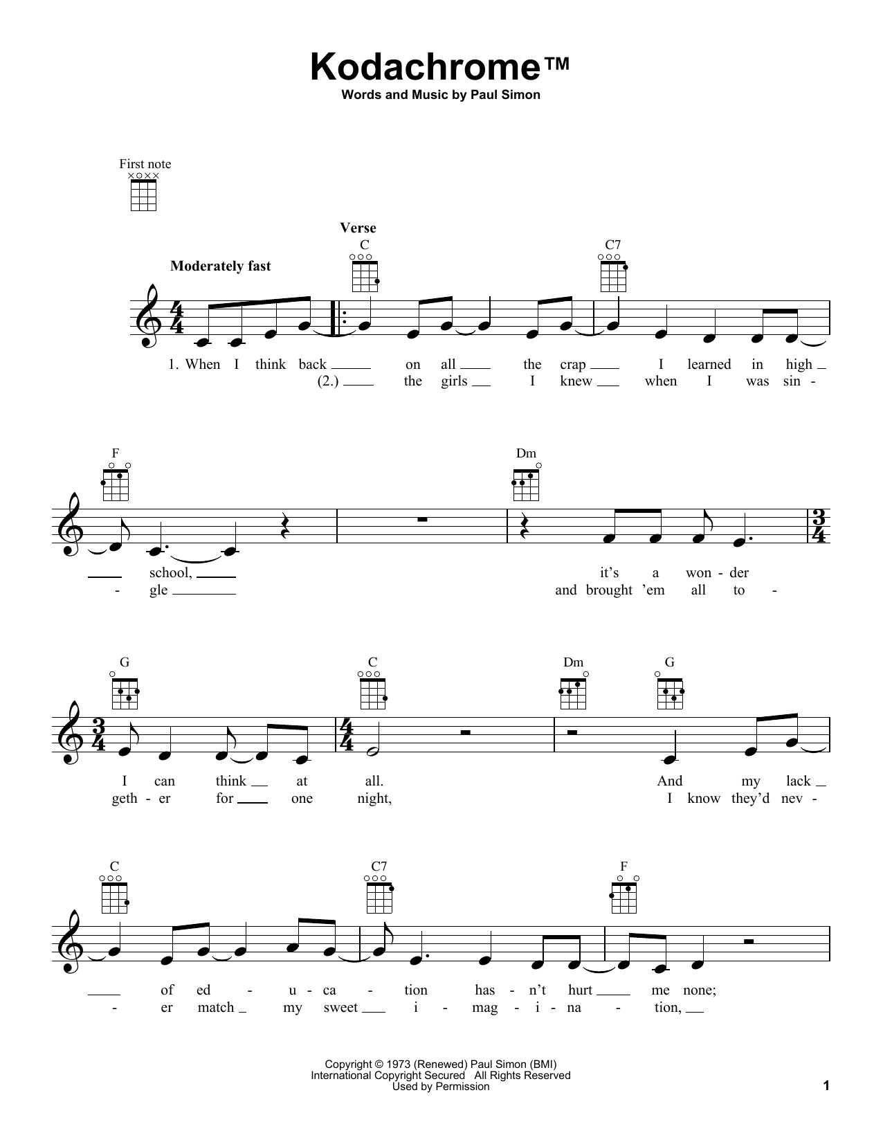 Download Paul Simon Kodachrome TM Sheet Music and learn how to play Ukulele PDF digital score in minutes