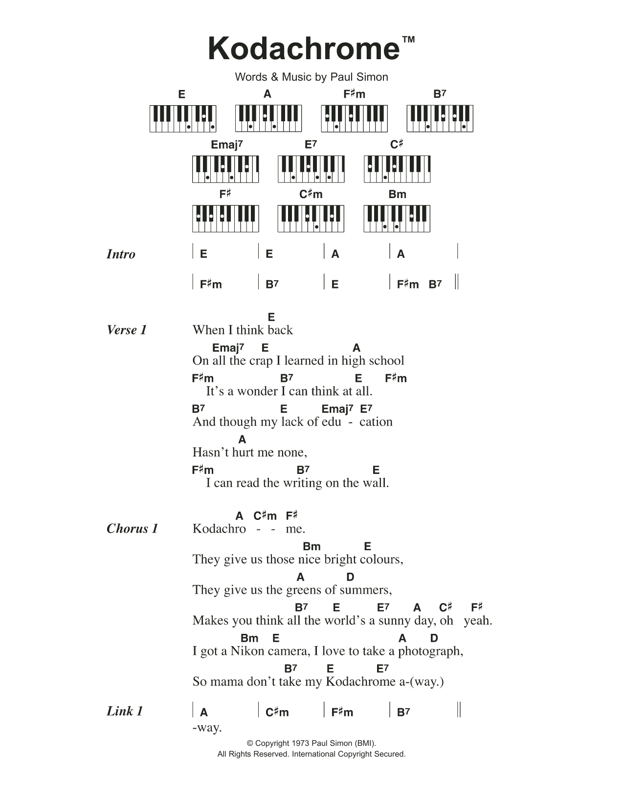 Download Paul Simon Kodachrome™ Sheet Music and learn how to play Ukulele with strumming patterns PDF digital score in minutes