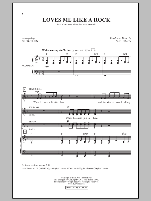 Download Greg Gilpin Loves Me Like A Rock Sheet Music and learn how to play TTBB PDF digital score in minutes