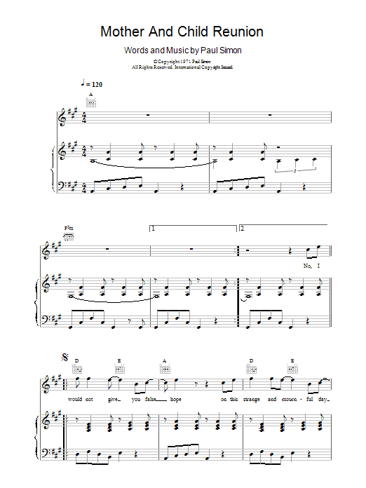 Download Paul Simon Mother And Child Reunion Sheet Music and learn how to play Piano, Vocal & Guitar PDF digital score in minutes