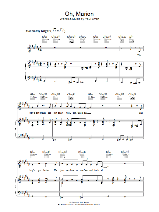 Download Paul Simon Oh, Marion Sheet Music and learn how to play Piano, Vocal & Guitar (Right-Hand Melody) PDF digital score in minutes