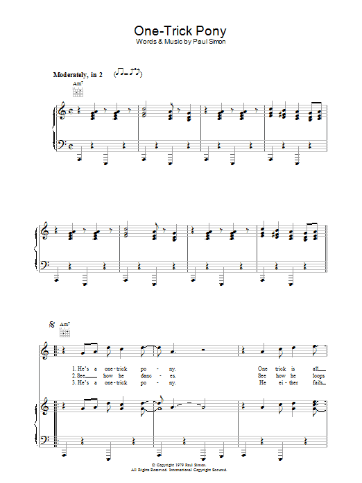 Download Paul Simon One-Trick Pony Sheet Music and learn how to play Piano, Vocal & Guitar (Right-Hand Melody) PDF digital score in minutes