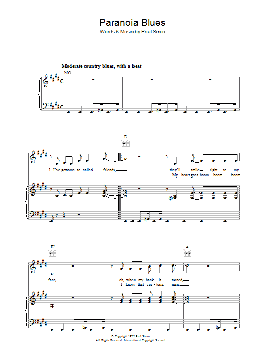 Download Paul Simon Paranoia Blues Sheet Music and learn how to play Piano, Vocal & Guitar (Right-Hand Melody) PDF digital score in minutes