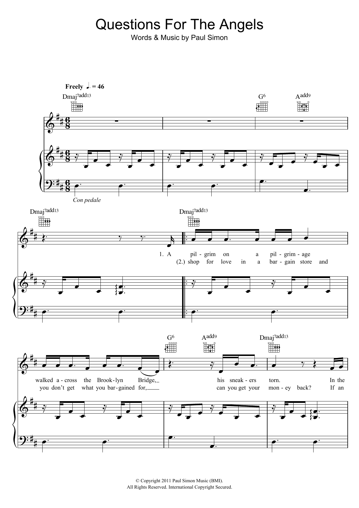 Download Paul Simon Questions For The Angels Sheet Music and learn how to play Piano, Vocal & Guitar PDF digital score in minutes