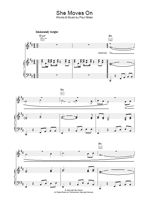 Download Paul Simon She Moves On Sheet Music and learn how to play Piano, Vocal & Guitar (Right-Hand Melody) PDF digital score in minutes