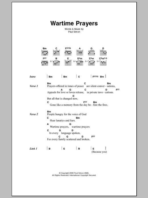 Download Paul Simon Wartime Prayers Sheet Music and learn how to play Lyrics & Chords PDF digital score in minutes