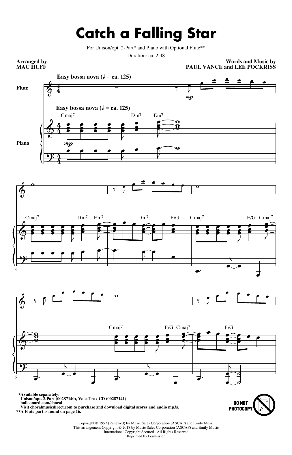 Download Paul Vance & Lee Pockriss Catch A Falling Star (arr. Mac Huff) Sheet Music and learn how to play Unison Choir PDF digital score in minutes