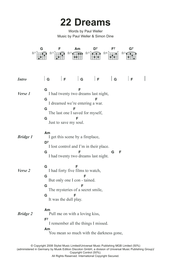 Download Paul Weller 22 Dreams Sheet Music and learn how to play Lyrics & Chords PDF digital score in minutes