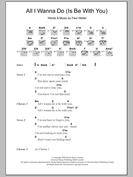 Download Paul Weller All I Wanna Do (Is Be With You) Sheet Music and learn how to play Lyrics & Chords PDF digital score in minutes