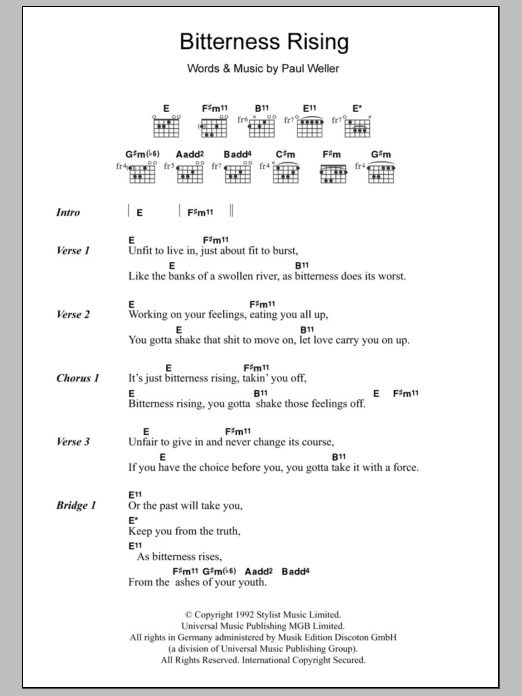 Download Paul Weller Bitterness Rising Sheet Music and learn how to play Lyrics & Chords PDF digital score in minutes