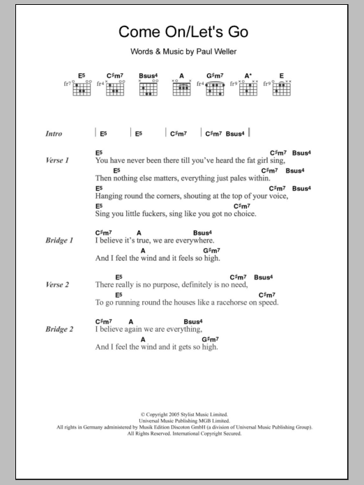 Download Paul Weller Come On/Let's Go Sheet Music and learn how to play Lyrics & Chords PDF digital score in minutes