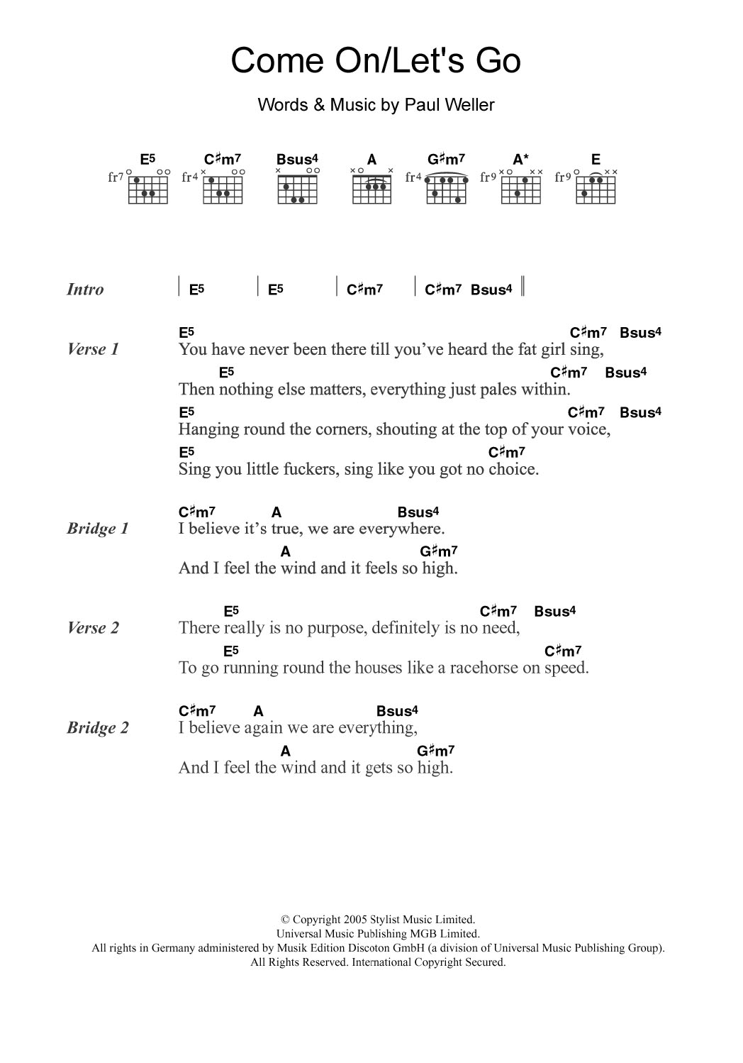 Download Paul Weller Come On/Let's Go Sheet Music and learn how to play Guitar Chords/Lyrics PDF digital score in minutes