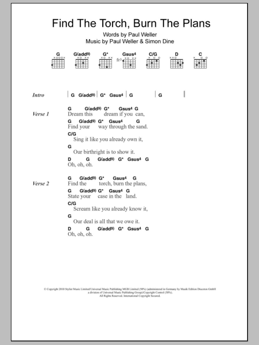 Download Paul Weller Find The Torch, Burn The Plans Sheet Music and learn how to play Lyrics & Chords PDF digital score in minutes