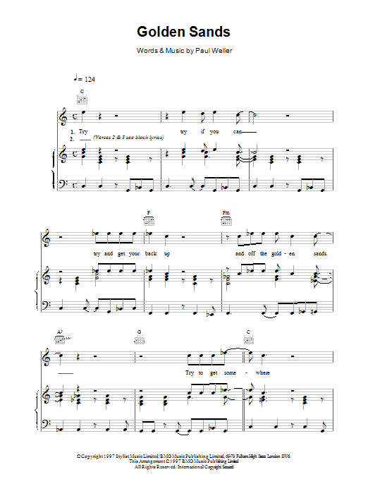 Download Paul Weller Golden Sands Sheet Music and learn how to play Piano, Vocal & Guitar (Right-Hand Melody) PDF digital score in minutes