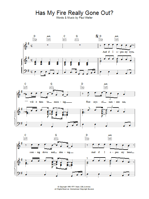 Download Paul Weller Has My Fire Really Gone Out? Sheet Music and learn how to play Piano, Vocal & Guitar (Right-Hand Melody) PDF digital score in minutes