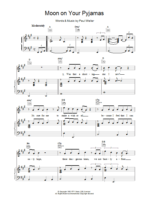 Download Paul Weller Moon On Your Pyjamas Sheet Music and learn how to play Piano, Vocal & Guitar (Right-Hand Melody) PDF digital score in minutes