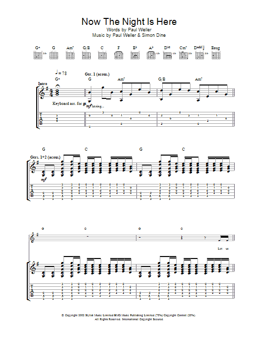 Download Paul Weller Now The Night Is Here Sheet Music and learn how to play Melody Line, Lyrics & Chords PDF digital score in minutes