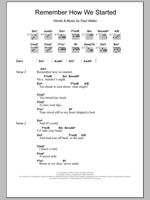 Download Paul Weller Remember How We Started Sheet Music and learn how to play Lyrics & Chords PDF digital score in minutes