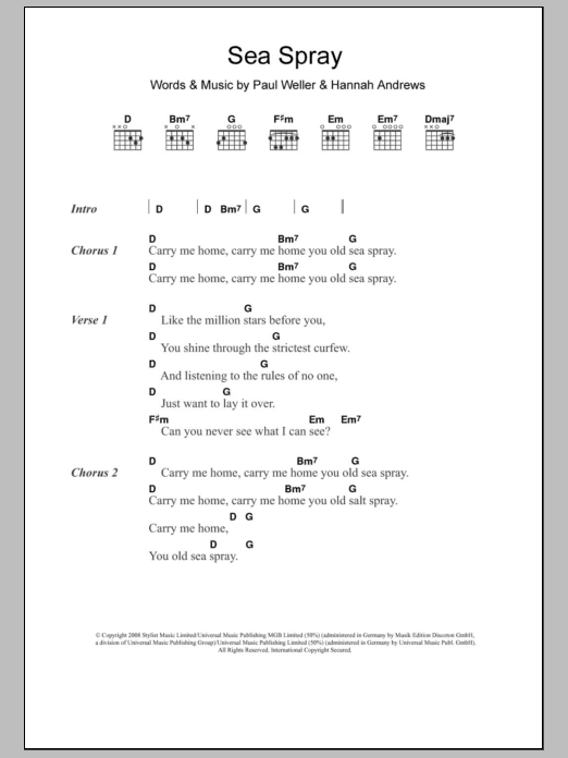 Download Paul Weller Sea Spray Sheet Music and learn how to play Lyrics & Chords PDF digital score in minutes