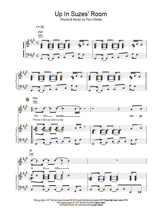 Download Paul Weller Up In Suzes' Room Sheet Music and learn how to play Piano, Vocal & Guitar (Right-Hand Melody) PDF digital score in minutes