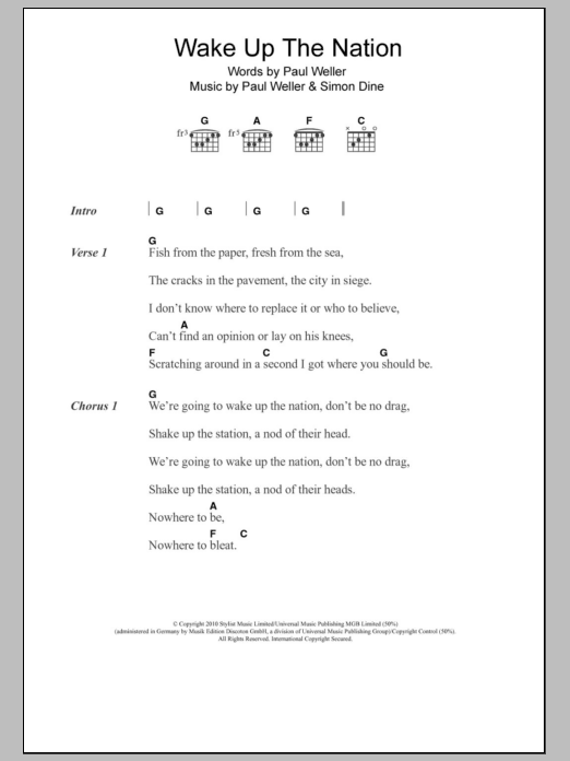 Download Paul Weller Wake Up The Nation Sheet Music and learn how to play Lyrics & Chords PDF digital score in minutes