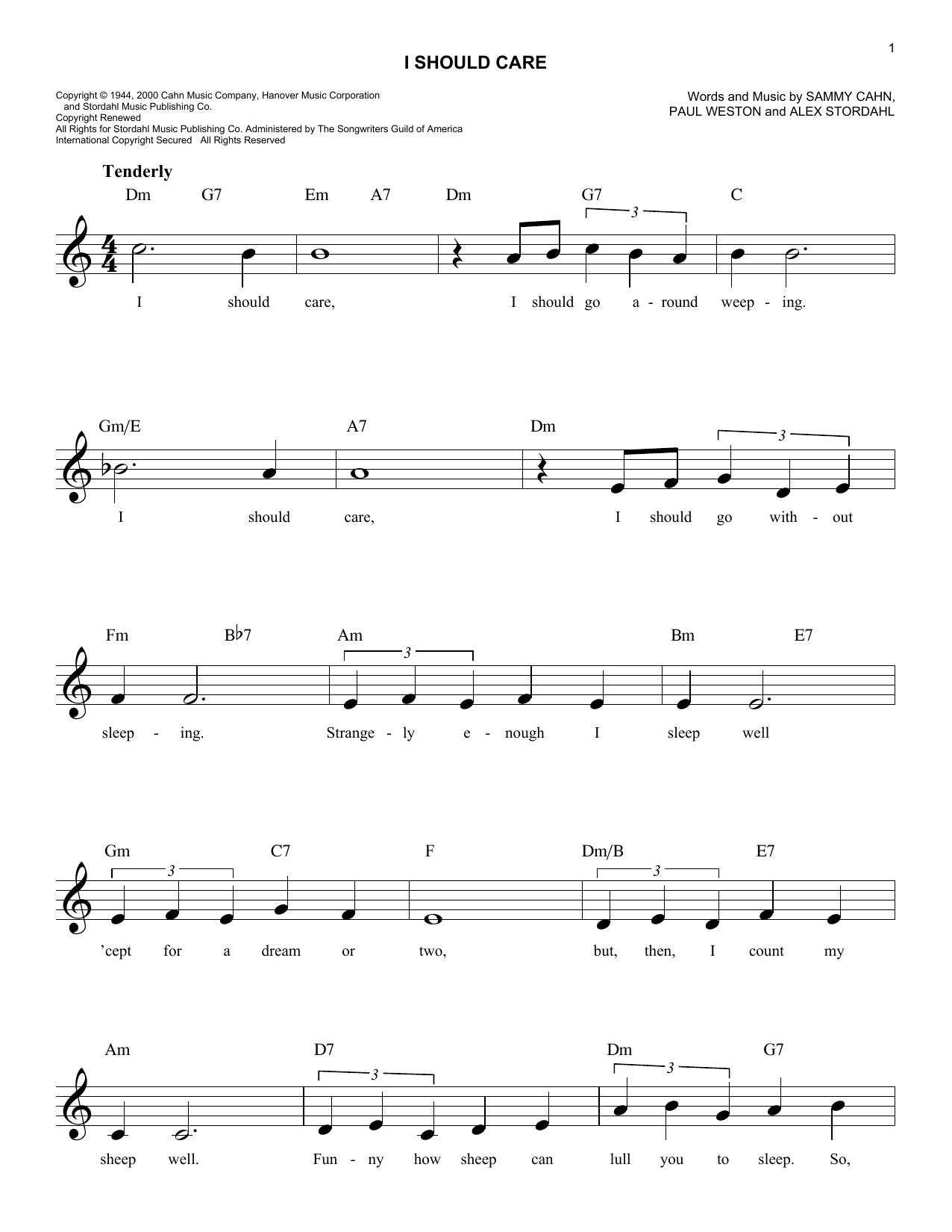 Download Paul Weston I Should Care Sheet Music and learn how to play Melody Line, Lyrics & Chords PDF digital score in minutes