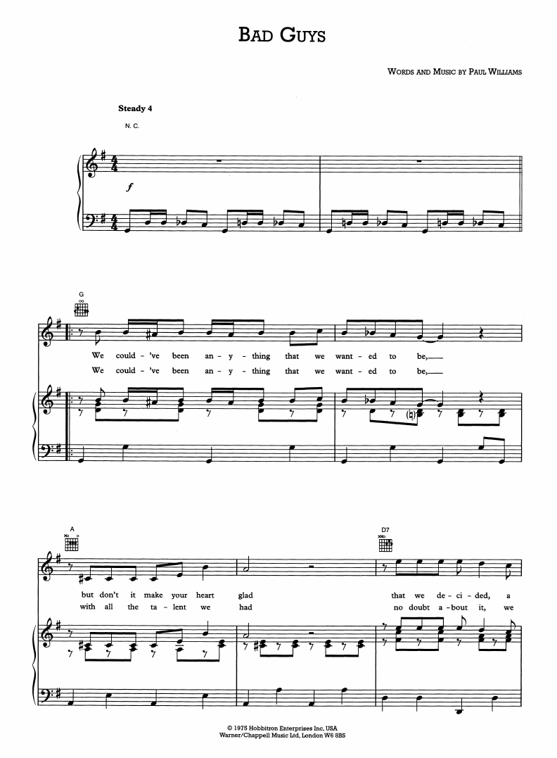 Download Paul Williams Bad Guys (from Bugsy Malone) Sheet Music and learn how to play Piano, Vocal & Guitar (Right-Hand Melody) PDF digital score in minutes