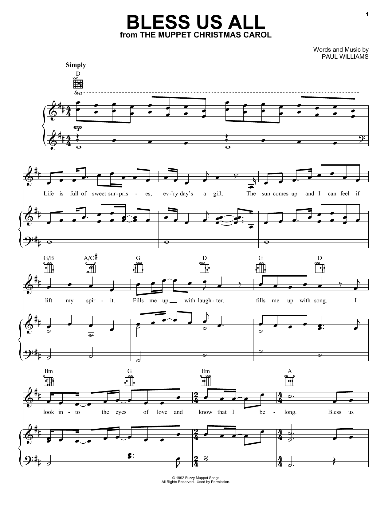 Download Paul Williams Bless Us All (from The Muppet Christmas Carol) Sheet Music and learn how to play Piano, Vocal & Guitar Chords (Right-Hand Melody) PDF digital score in minutes